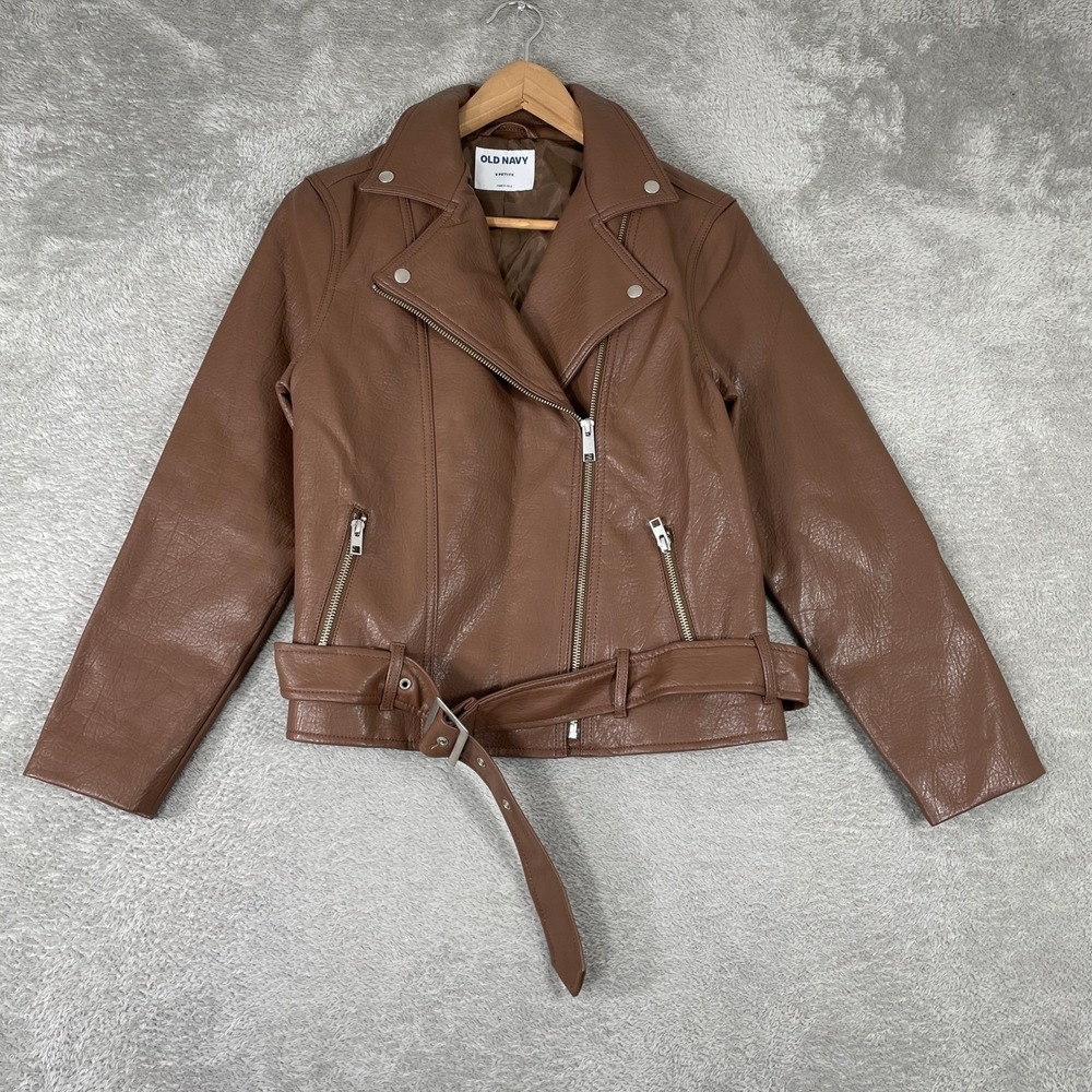 Old‎ Navy Moto Jacket Womens Small Petite Brown Faux Leather Belted Biker